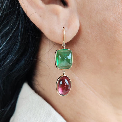 Natural Pink & Green Tourmaline Earrings, 14K Solid Yellow Gold Earrings, Tourmaline Bezel Earrings, Tourmaline Jewelry, October Birthstone