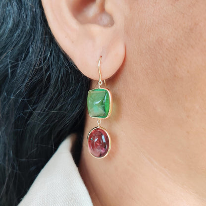 Natural Pink & Green Tourmaline Earrings, 14K Solid Yellow Gold Earrings, Tourmaline Bezel Earrings, Tourmaline Jewelry, October Birthstone