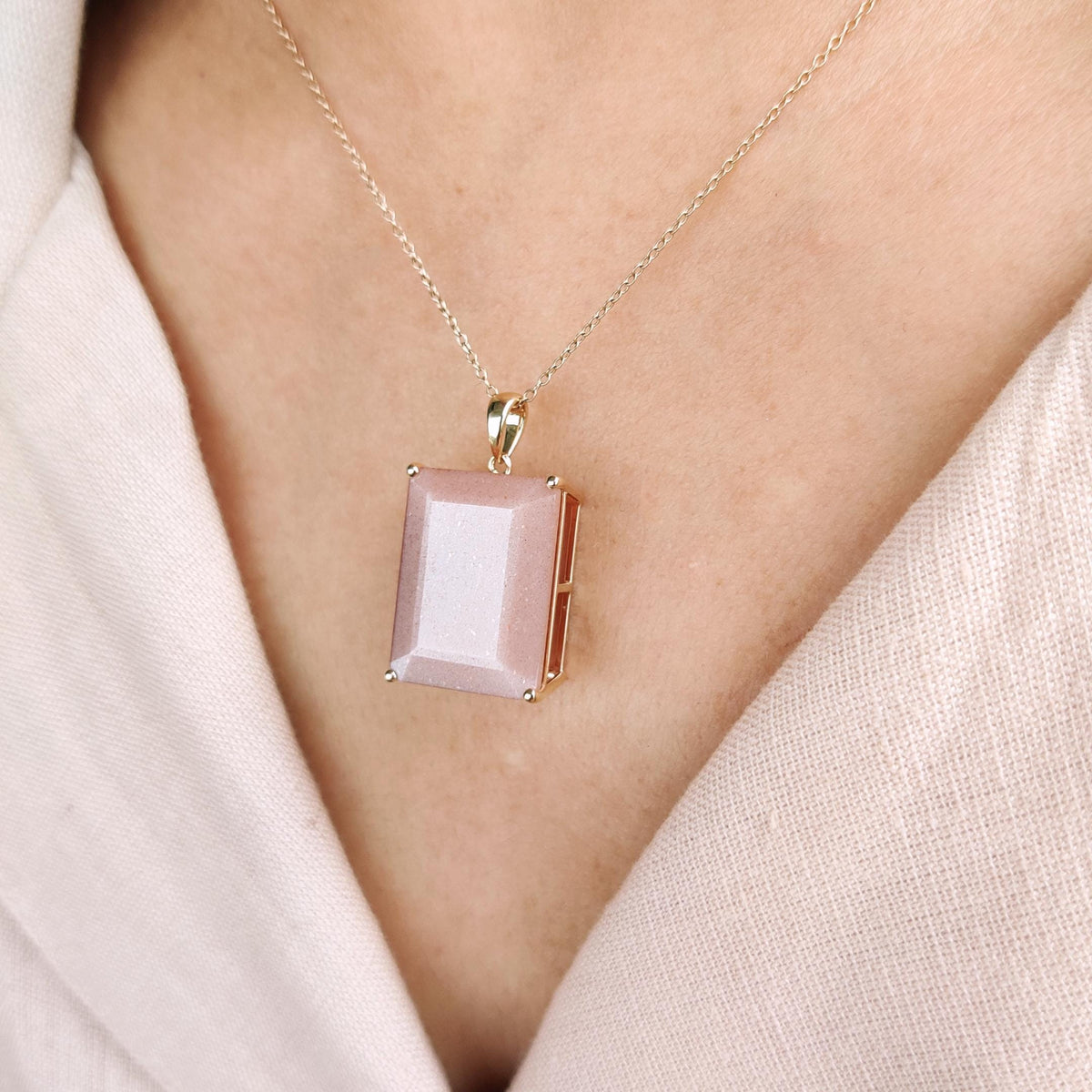 Natural Peach Moonstone 14K Solid Yellow Gold Octagon Pendant, June Birthstone Pendant,