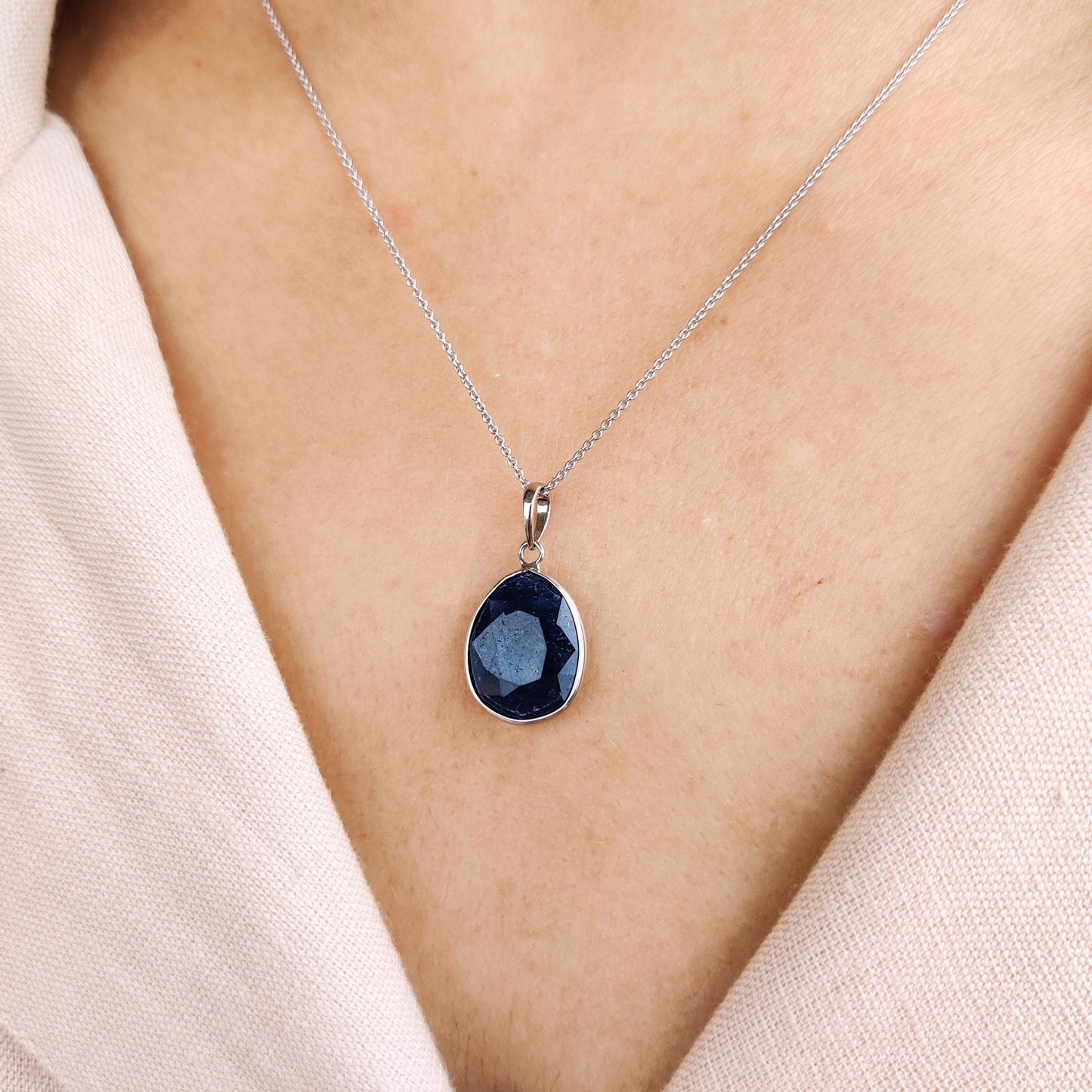 Natural Blue Sapphire Pendant, 14K Solid White Gold Pendant, Blue Sapphire Jewelry, September Birthstone Pendant, White Gold Jewelry