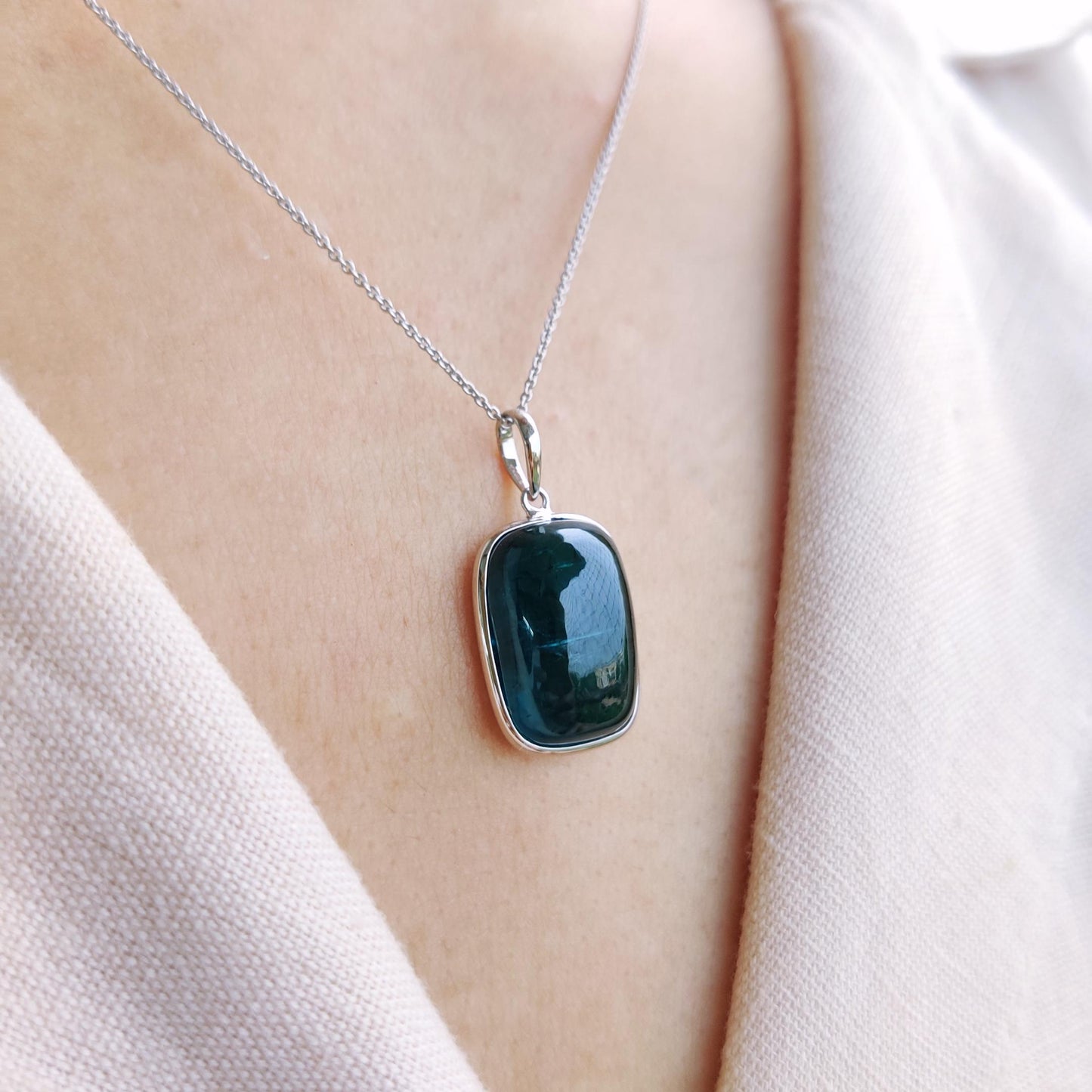 Natural Indigolite Tourmaline Pendant, 14K Solid White Gold Tourmaline Pendant, October Birthstone Pendant, Bezel Set Tourmaline Pendant