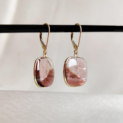 Natural Tourmaline Earrings, 14K Solid Yellow Gold Earrings, October Birthstone Earrings, Bi Color Tourmaline Earrings, Christmas Present