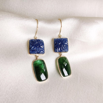 Natural Green Tourmaline & Blue Sapphire Earrings, 14K Solid Yellow Gold Earrings, Carving Blue Sapphire Earring, Christmas Present