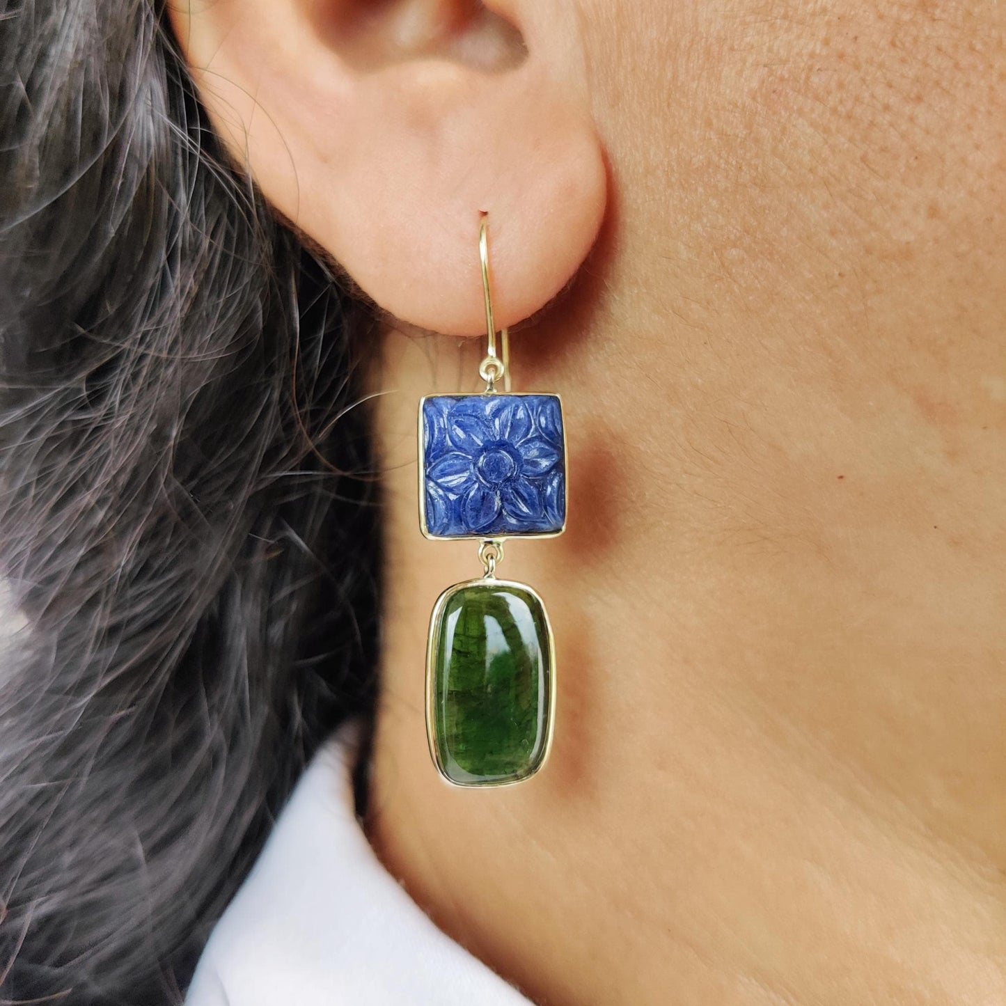 Natural Green Tourmaline & Blue Sapphire Earrings, 14K Solid Yellow Gold Earrings, Carving Blue Sapphire Earring, Christmas Present