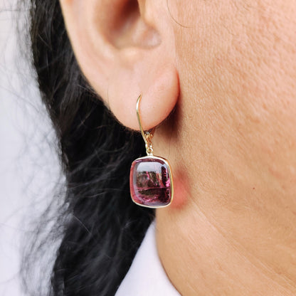 Natural Rubellite Pink Tourmaline Earrings, 14K Solid Yellow Gold Pink Tourmaline Earrings, October Birthstone Earrings, Christmas Present