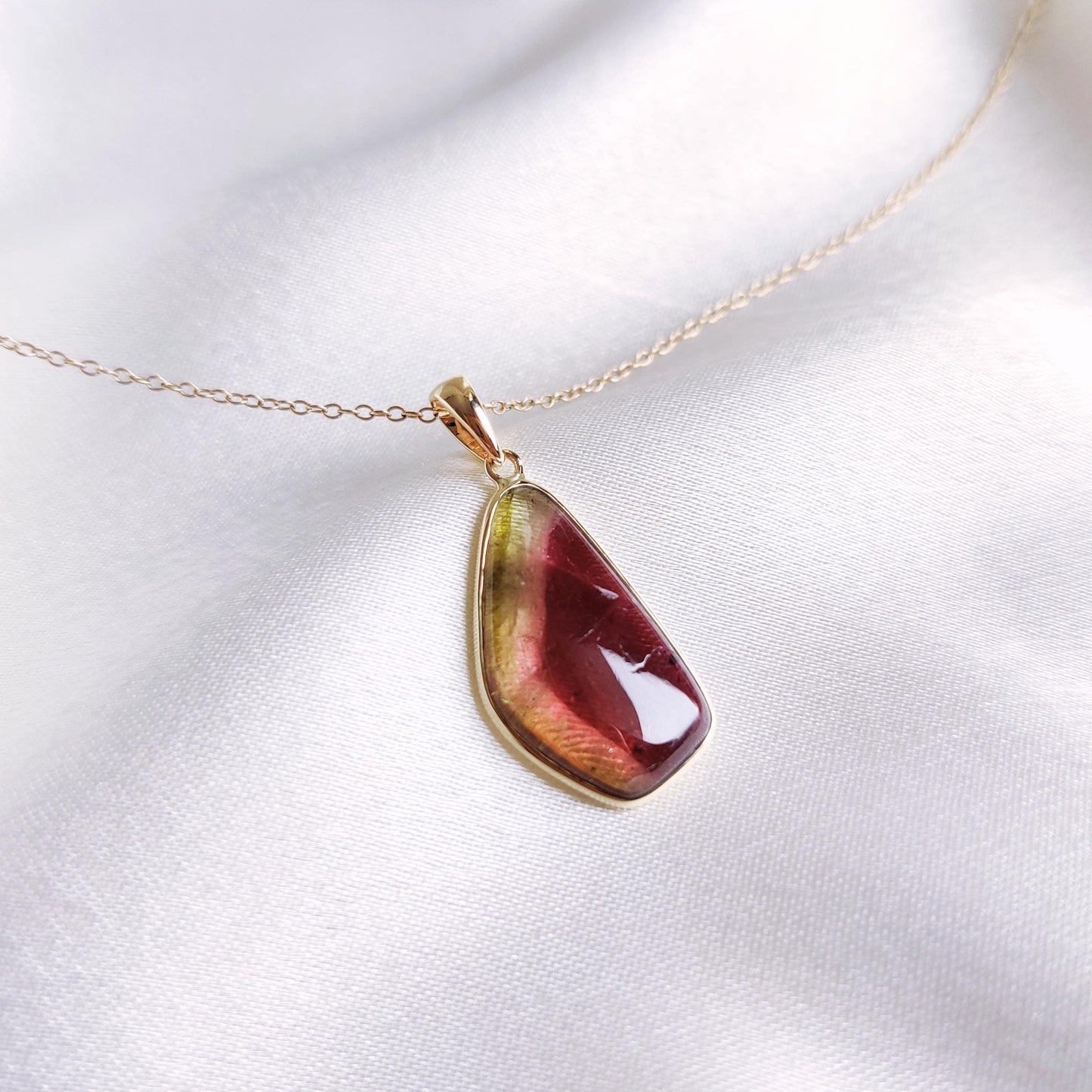 Natural Watermelon Tourmaline Pendant, 14K Solid Yellow Gold Tourmaline Pendant, October Birthstone Pendant, Christmas Present