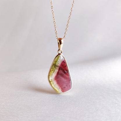 Natural Watermelon Tourmaline Pendant, 14K Solid Yellow Gold Tourmaline Pendant, October Birthstone Pendant, Christmas Present