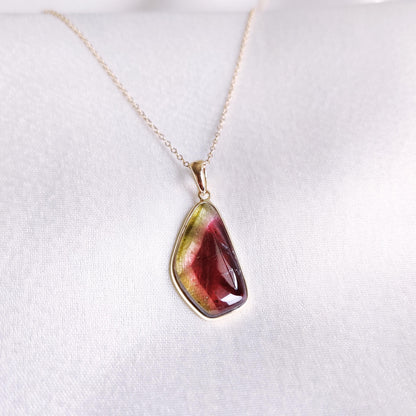 Natural Watermelon Tourmaline Pendant, 14K Solid Yellow Gold Tourmaline Pendant, October Birthstone Pendant, Christmas Present