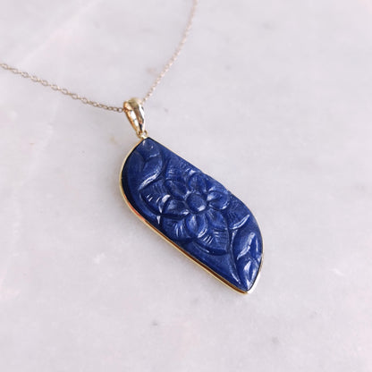 Natural Blue Sapphire Pendant, 14K Solid Yellow Gold Pendant, September Birthstone Pendant, Carving Sapphire Pendant, Christmas Present