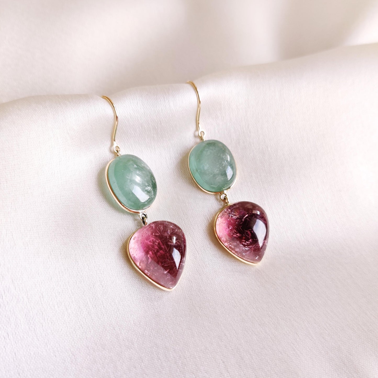 Natural Pink & Green Tourmaline Earrings, 14K Solid Yellow Gold Earrings, October Birthstone Earring, Tourmaline Earrings, Christmas Present