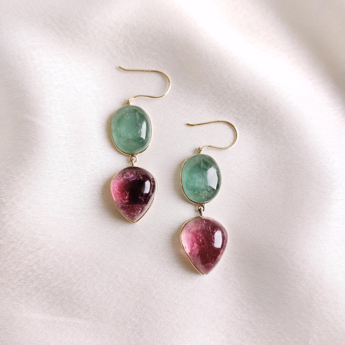 Natural Pink & Green Tourmaline Earrings, 14K Solid Yellow Gold Earrings, October Birthstone Earring, Tourmaline Earrings, Christmas Present