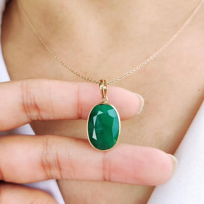 Natural Emerald Pendant, 14K Solid Yellow Gold Emerald Pendant, May Birthstone Pendant, Oval Emerald Bezel Set Pendant, Christmas Present