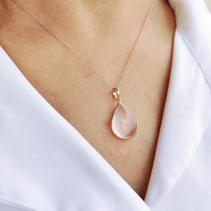 Natural Rose Quartz Pendant, Gemstone Pendant Set in 14K Solid Yellow Gold, January Birthstone Pendant, Rose Quartz Jewelry, Christmas Gift