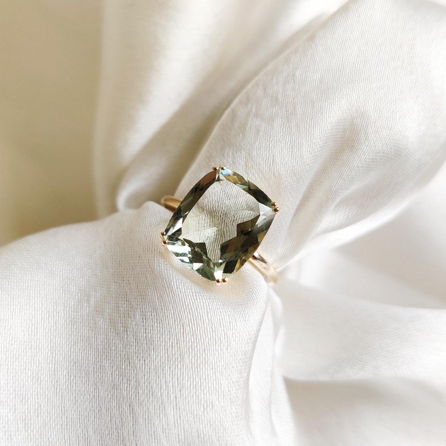 Natural Green Amethyst Ring, 14K Solid Yellow Gold Green Amethyst Ring, February Birthstone Ring, Cushion Cut Amethyst Ring, Christmas Gift