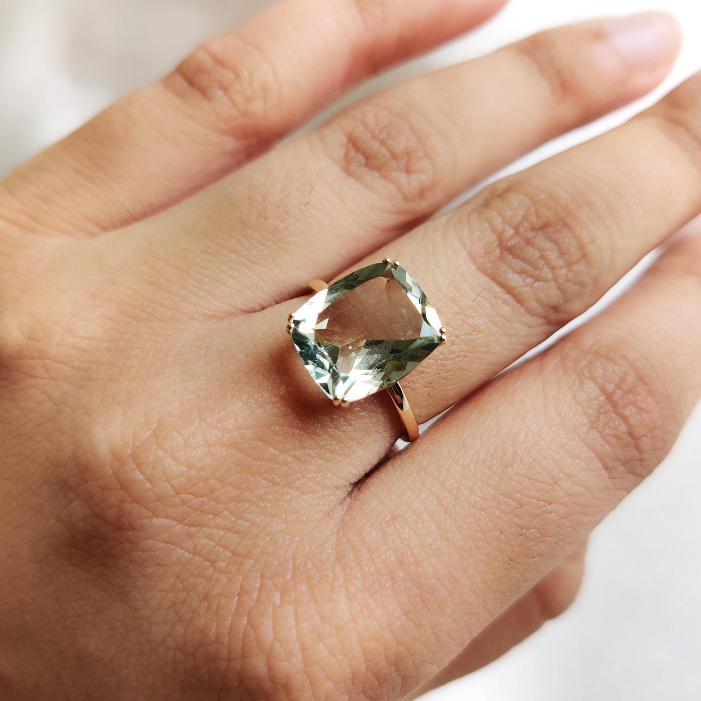 Natural Green Amethyst Ring, 14K Solid Yellow Gold Green Amethyst Ring, February Birthstone Ring, Cushion Cut Amethyst Ring, Christmas Gift