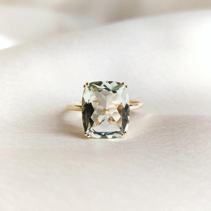 Natural Green Amethyst Ring, 14K Solid Yellow Gold Green Amethyst Ring, February Birthstone Ring, Cushion Cut Amethyst Ring, Christmas Gift