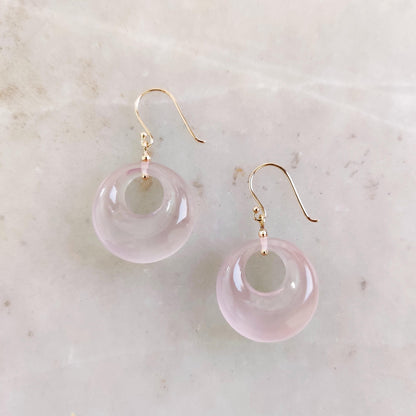 Natural Rose Quartz Donut Earrings, 14K Solid Yellow Gold Earrings, January Birthstone Earrings, Quartz Donut Earrings, Christmas Present