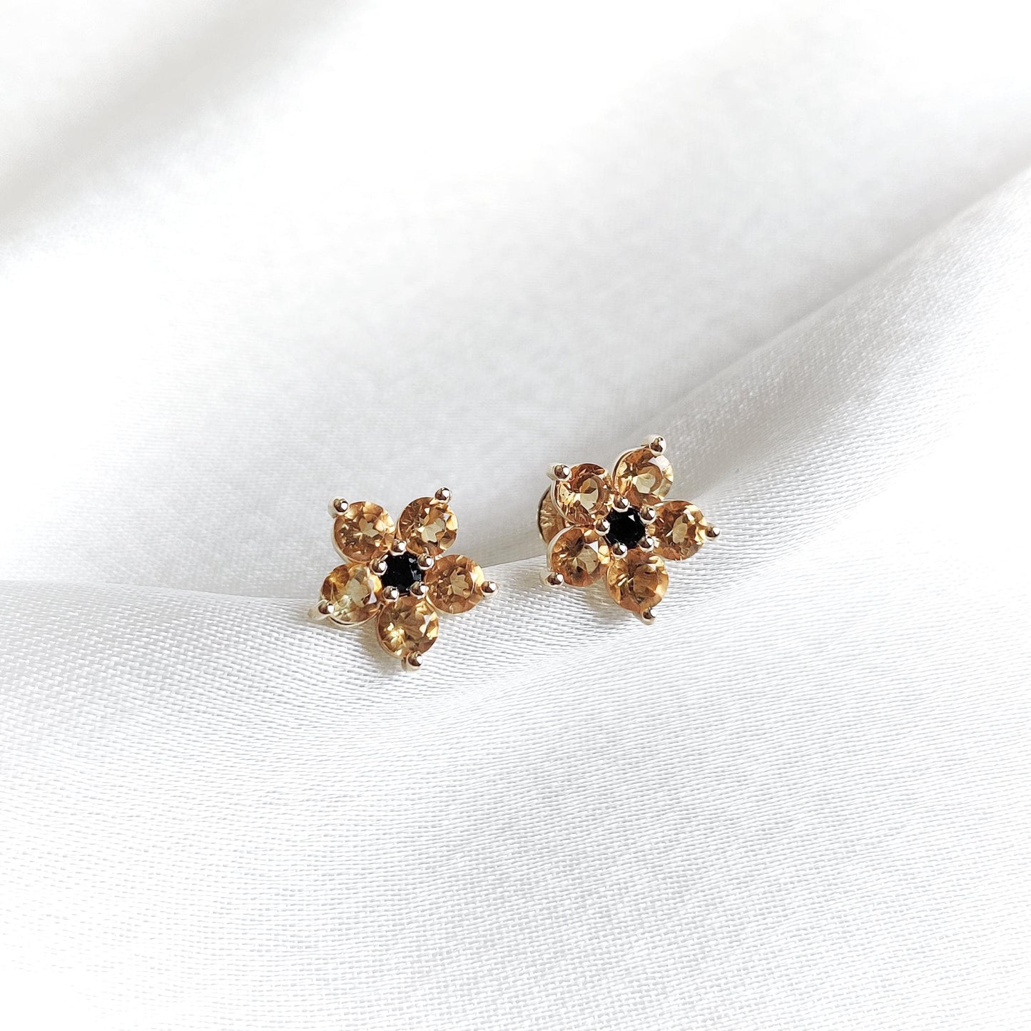 Natural Citrine & London Blue Topaz Studs, 14K Solid Yellow Gold Studs, Topaz and Citrine Jewelry, November Birthstone Studs, Flower Studs