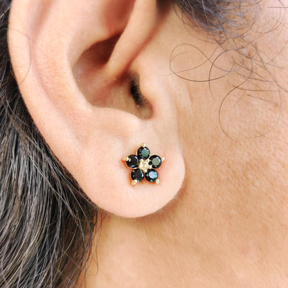 Natural Black Spinel & White Topaz Studs, 14K Solid Yellow Gold Stud Earrings, Black Spinel Jewelry, August Birthstone Studs, Flower Studs