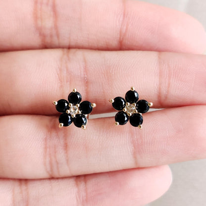 Natural Black Spinel & White Topaz Studs, 14K Solid Yellow Gold Stud Earrings, Black Spinel Jewelry, August Birthstone Studs, Flower Studs