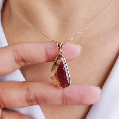 Natural Watermelon Tourmaline Pendant, 14K Solid Yellow Gold Tourmaline Pendant, October Birthstone Pendant, Christmas Present