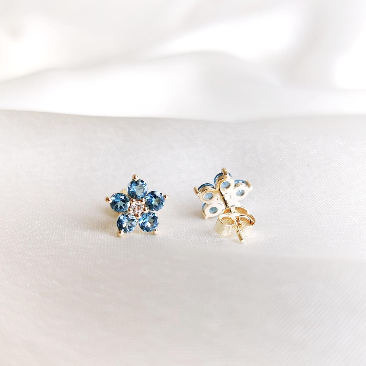 Natural Swiss Blue Topaz & White Topaz Studs, 14K Solid Yellow Gold Earrings, November Birthstone Stud Earrings, Christmas Present