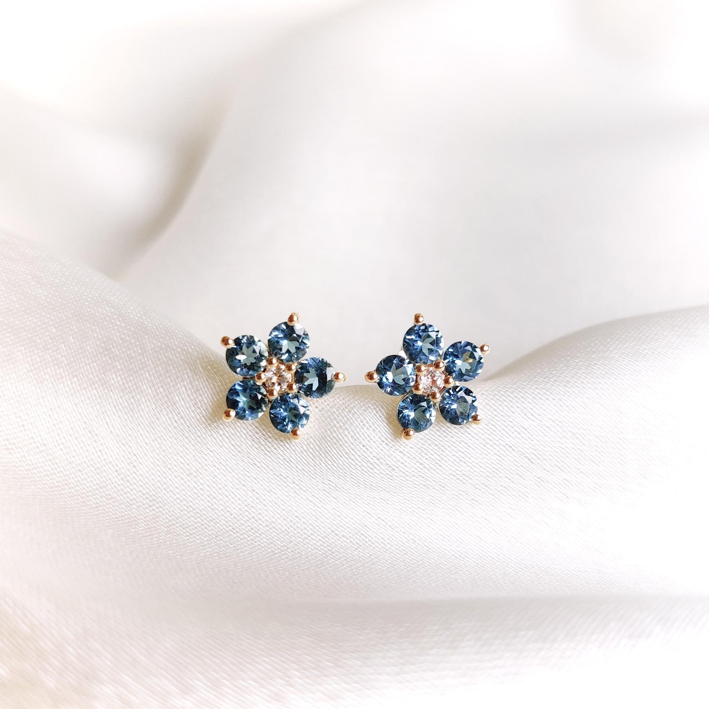 Natural Swiss Blue Topaz & White Topaz Studs, 14K Solid Yellow Gold Earrings, November Birthstone Stud Earrings, Christmas Present