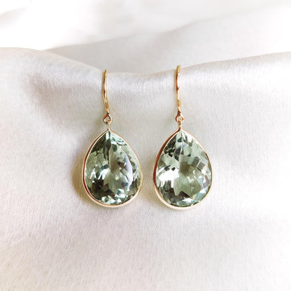 Natural Green Amethyst Earrings, 14K Solid Yellow Gold Earrings, February Birthstone Earrings, Pear Cut Amethyst Earrings, Christmas Present