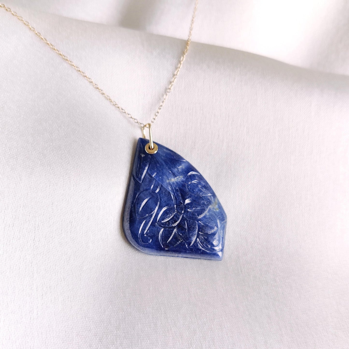 Natural Blue Sapphire Pendant, 14K Solid Yellow Gold Blue Sapphire Carving Pendant, September Birthstone Pendant, Christmas Present