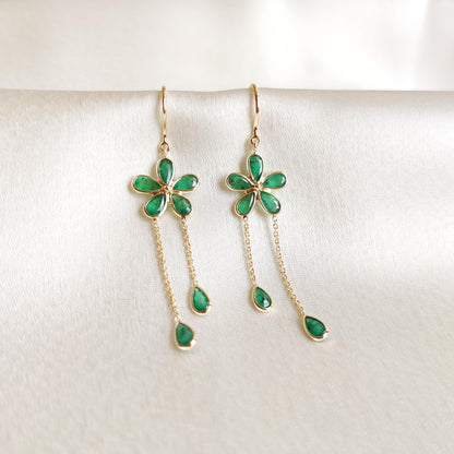 Natural Emerald Earrings, 14K Solid Gold Emerald Earrings, Dainty Emerald Flower Earrings, May Birthstone Earrings, Christmas Present