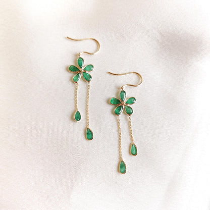 Natural Emerald Earrings, 14K Solid Gold Emerald Earrings, Dainty Emerald Flower Earrings, May Birthstone Earrings, Christmas Present