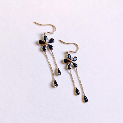 Natural Blue Sapphire Earrings, 14K Solid Gold Sapphire Earrings, Dainty Sapphire Flower Drops, September Birthstone Earrings, Birthday Gift