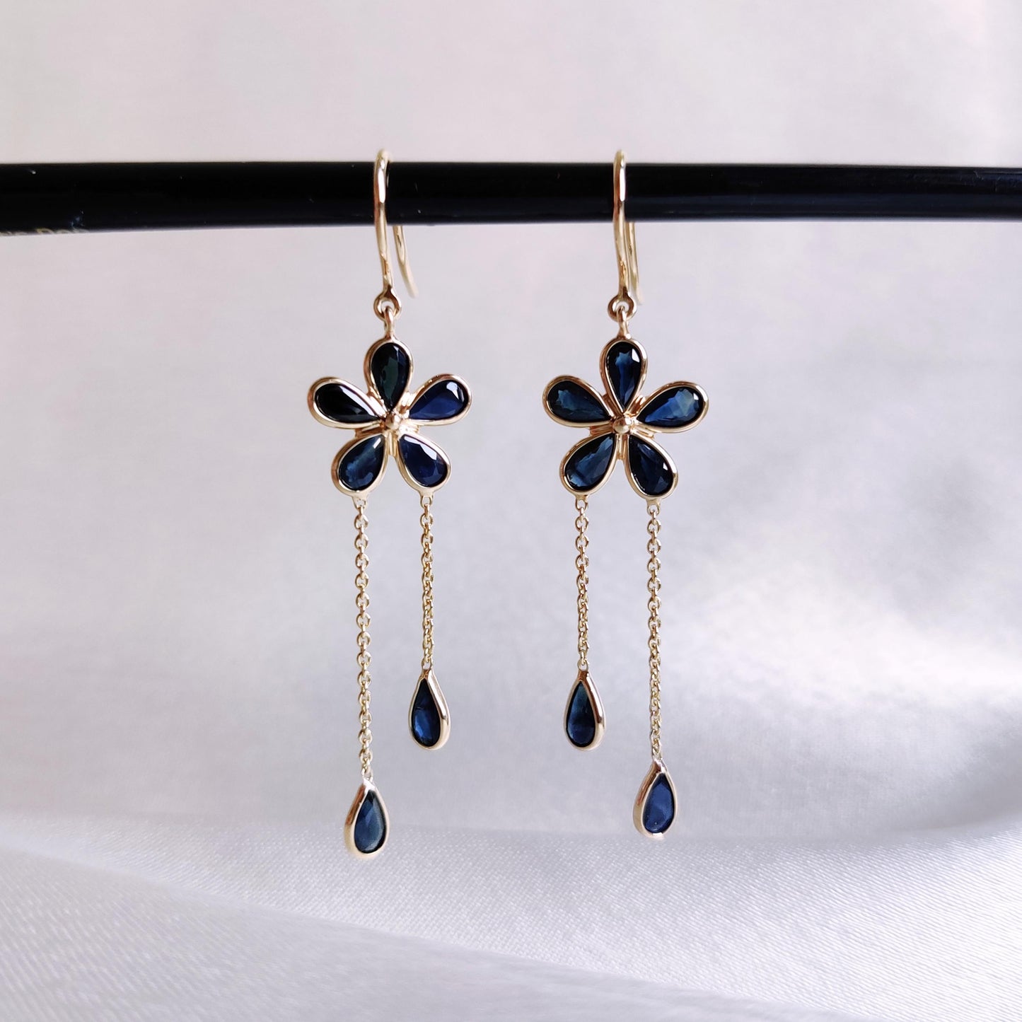 Natural Blue Sapphire Earrings, 14K Solid Gold Sapphire Earrings, Dainty Sapphire Flower Drops, September Birthstone Earrings, Birthday Gift