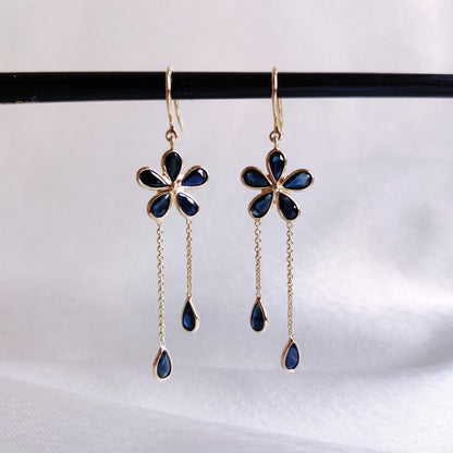 Natural Blue Sapphire Earrings, 14K Solid Gold Sapphire Earrings, Dainty Sapphire Flower Drops, September Birthstone Earrings, Birthday Gift