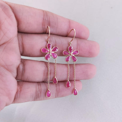 Natural Ruby Earrings, Solid Yellow Gold Ruby Earrings, Dainty Ruby Bezel Danglers, July Birthstone Earrings, Christmas Gift, Ruby Jewelry