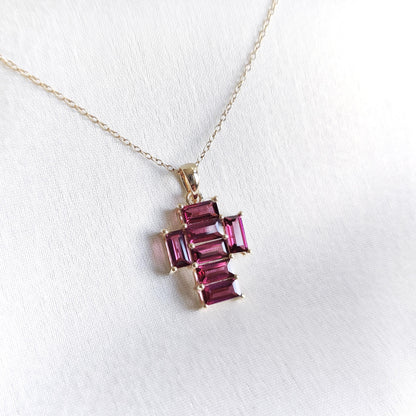 Natural Rhodolite Garnet Pendant, 14K Solid Yellow Gold Pendant, Holy Cross Garnet Pendant, January Birthstone Pendant, Christmas Present