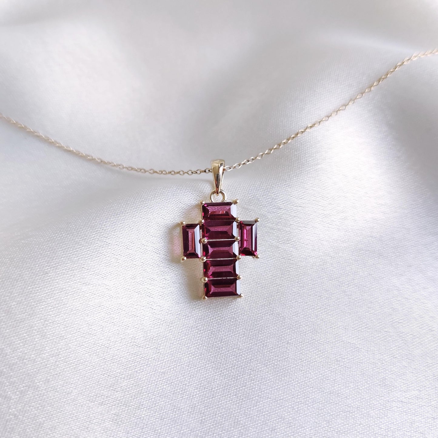 Natural Rhodolite Garnet Pendant, 14K Solid Yellow Gold Pendant, Holy Cross Garnet Pendant, January Birthstone Pendant, Christmas Present