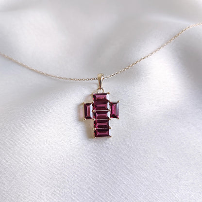 Natural Rhodolite Garnet Pendant, 14K Solid Yellow Gold Pendant, Holy Cross Garnet Pendant, January Birthstone Pendant, Christmas Present