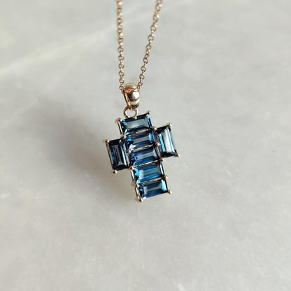 Natural London Blue Topaz Cross Pendant, 14K Solid Yellow Gold Pendant, Blue Topaz Holy Cross Pendant, December Birthstone Pendant