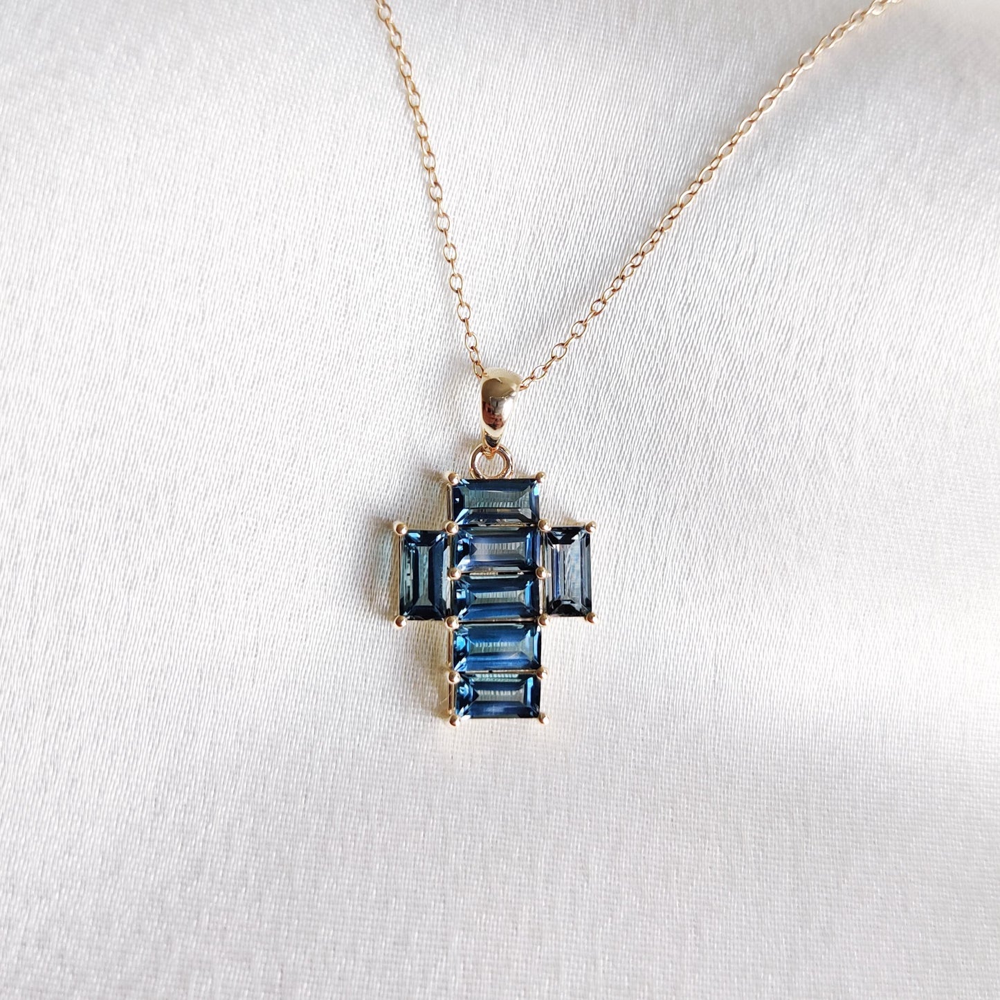 Natural London Blue Topaz Cross Pendant, 14K Solid Yellow Gold Pendant, Blue Topaz Holy Cross Pendant, December Birthstone Pendant