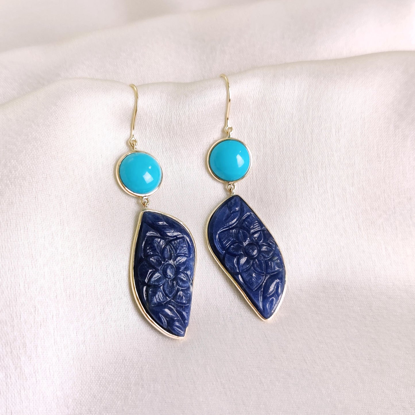 Natural Turquoise & Blue Sapphire Earrings, 14K Solid Yellow Gold Earrings, Bezel Set Earrings, Sapphire Carving Danglers, Christmas Present