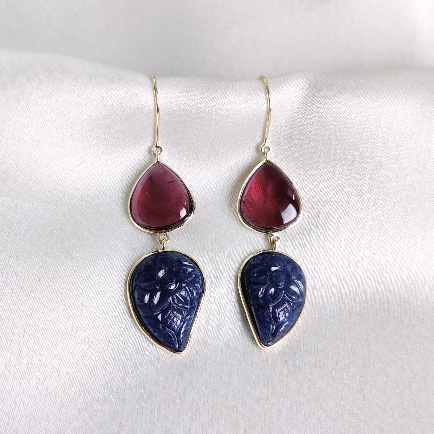 Natural Rubellite Pink Tourmaline & Blue Sapphire Earrings, 14K Solid Yellow Gold Earrings, Carving Sapphire Earrings, Christmas Present