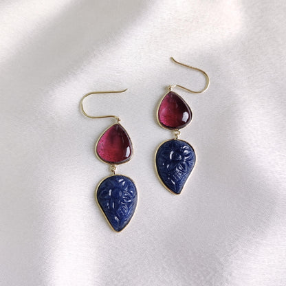 Natural Rubellite Pink Tourmaline & Blue Sapphire Earrings, 14K Solid Yellow Gold Earrings, Carving Sapphire Earrings, Christmas Present