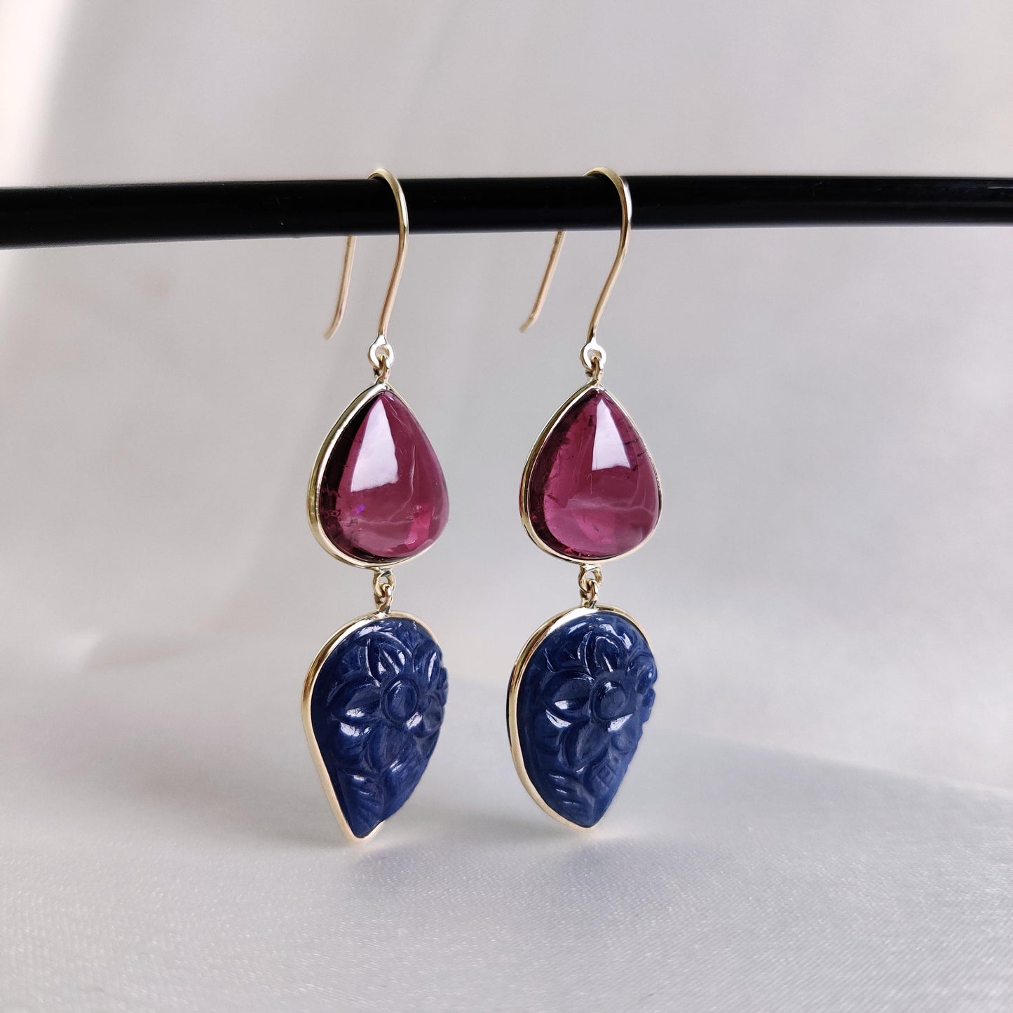 Natural Rubellite Pink Tourmaline & Blue Sapphire Earrings, 14K Solid Yellow Gold Earrings, Carving Sapphire Earrings, Christmas Present