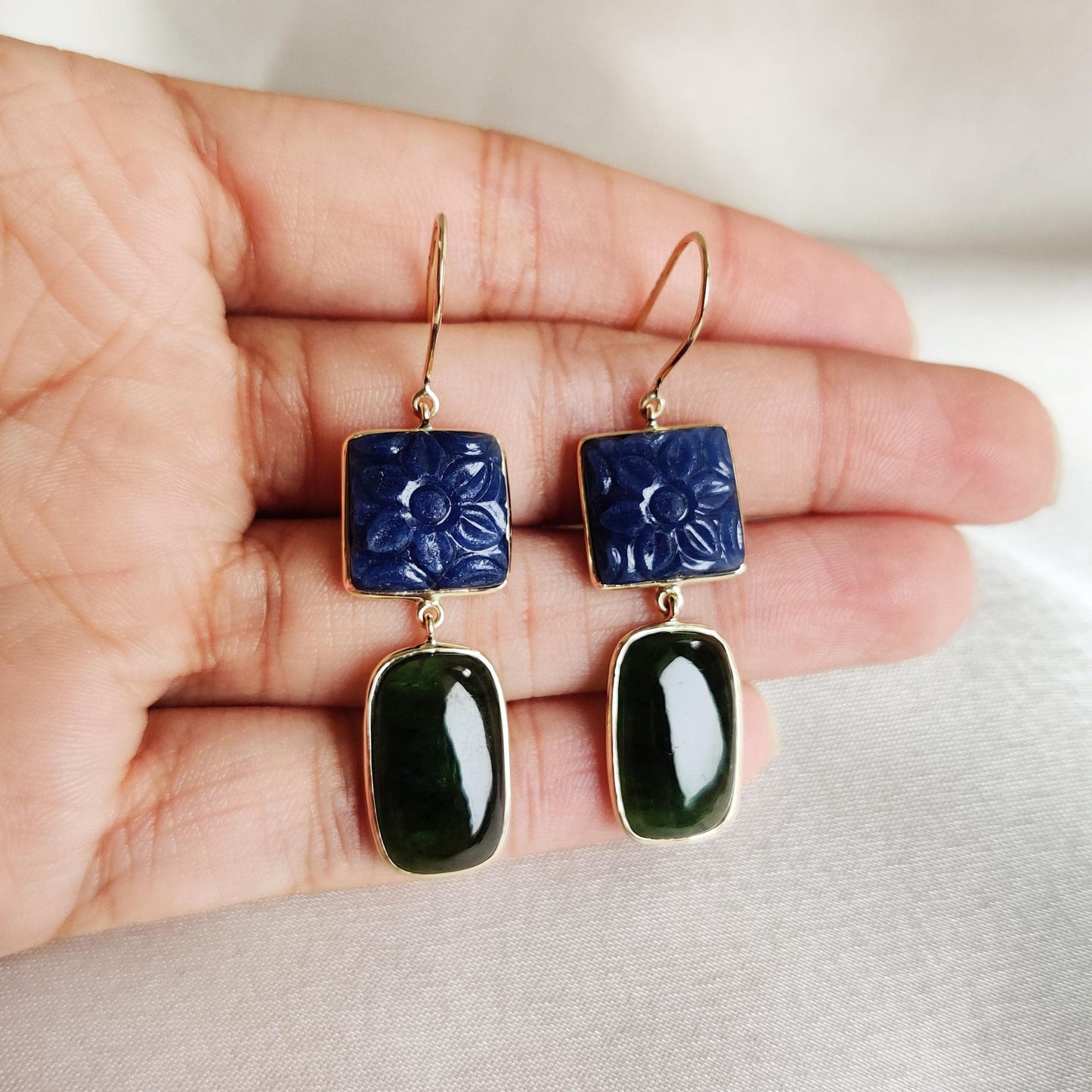 Natural Green Tourmaline & Blue Sapphire Earrings, 14K Solid Yellow Gold Earrings, Carving Blue Sapphire Earring, Christmas Present