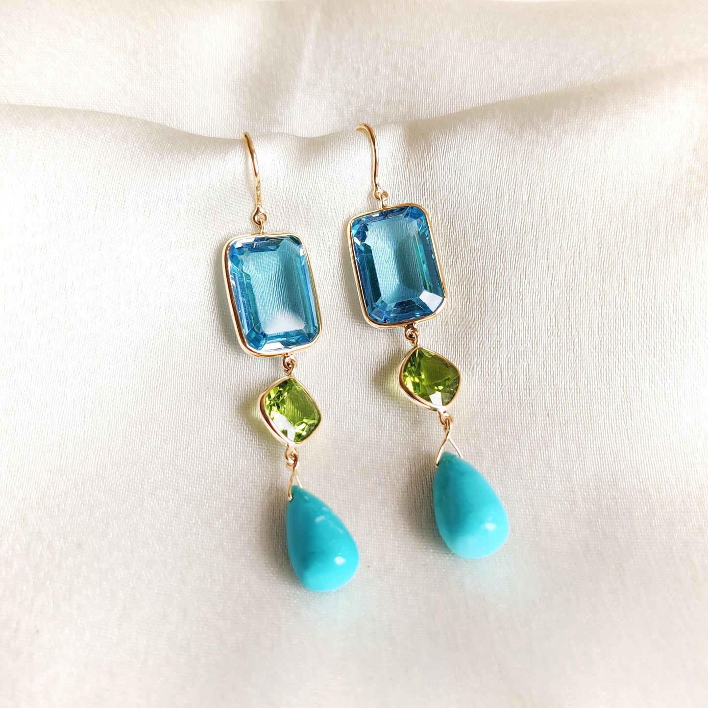 Natural Swiss Blue Topaz, Peridot and Turquoise Earrings, 14K Solid Yellow Gold Earrings, December Birthstone Earrings, Christmas Present