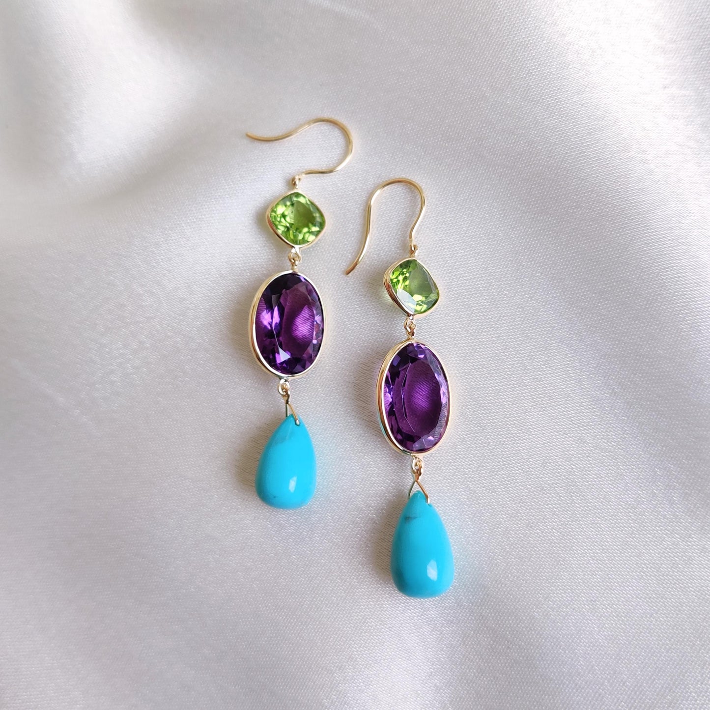 Natural Purple Amethyst, Peridot & Turquoise Earrings, 14K Solid Gold Multi Stone Earrings, Multi Stone Danglers, Christmas Present