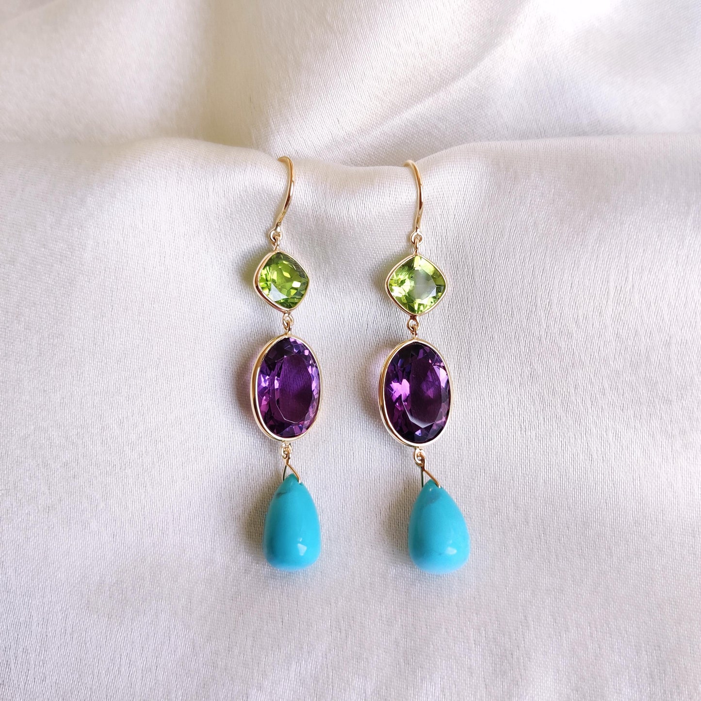 Natural Purple Amethyst, Peridot & Turquoise Earrings, 14K Solid Gold Multi Stone Earrings, Multi Stone Danglers, Christmas Present