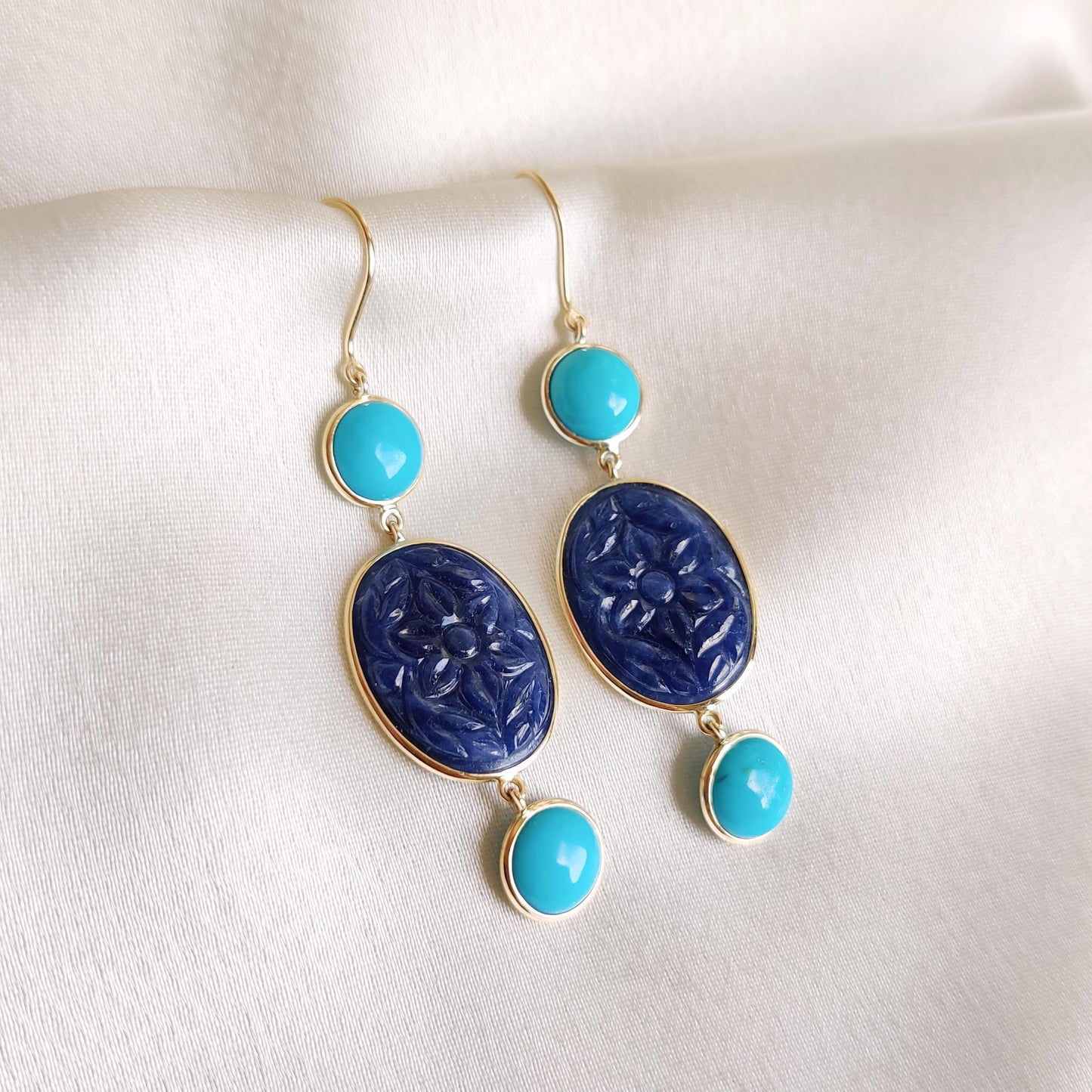 Natural Turquoise & Blue Sapphire Earrings, 14K Solid Yellow Gold Earrings, Carving Sapphire Earring, Arizona Turquoise Drops,Christmas Gift