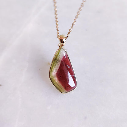 Natural Watermelon Tourmaline Pendant, 14K Solid Yellow Gold Tourmaline Pendant, October Birthstone Pendant, Christmas Present